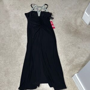 MARINA Black Ruched Spaghetti Strap Gown